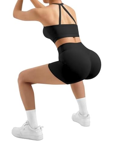 SUUKSESS Women 2 Piece Workout Sets High Waisted Tummy Control Biker Shorts Halter Padded Tank Tops Racerback Sports Bras (Black, L) - Image 3