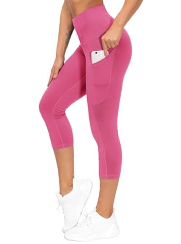 THE GYM PEOPLE Thick High Waist Capris Yoga Pants with Pockets, Tummy Control Workout Running Yoga Leggings for Women Bright Pink - Image 1