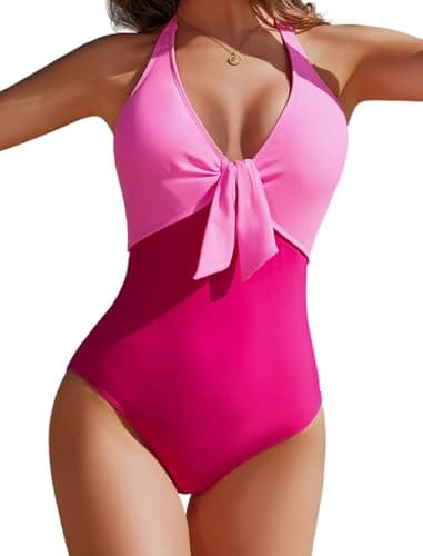 AI'MAGE Women's One Piece Swimsuits Halter Bathing Suits Push Up Swim Suits Slimming Tummy Control Swimwear Peach Pink,Lager - Image 1