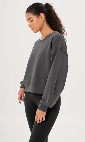 ODODOS Modal Soft Long Sleeve Cropped Sweatshirts for Women Oversized Crew Neck Pullover Crop Top, Fleece Lined Charcoal, Medium - Image 4