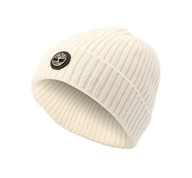 Timberland Men's Ribbed Watch Cap with Logo Plate, Cream, One Size - Image 3