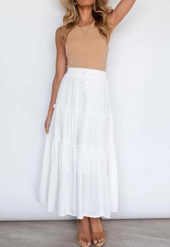 HAEOF Women's Summer Flowy Boho Maxi Skirt A Line Pleated Tiered Long Skirts with Pockets Fashion Beach Vacation Outfits (White, S) - Image 5