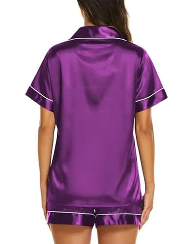 Ekouaer Pajama Sets for Women 2 Piece Summer Silk Pjs Button Down Nightshirt and Shorts Set Satin Sleepwear Loungewear,Purple,X-Large - Image 2