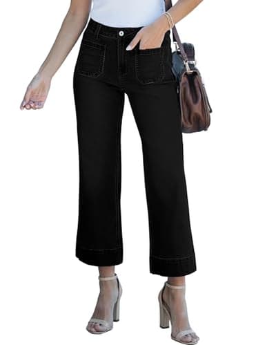luvamia Wide Leg Jeans for Women Trendy High Waisted Flare Jeans Cropped Denim Pants Stretchy Baggy with Patch Pockets Wide Leg Cropped Pants True Black Size Large Fits US 12-14 - Image 1