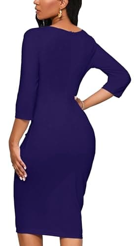 Purple Dress Women Summer Party 3/4 Sleeve Ruffle Peplum Work Midi Pencil Dress(Purple X-Large) - Image 5
