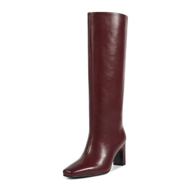 wetkiss Burgundy Boots Straight Leg Knee High Boots for Women Block Heels Regular Calf Square Toe Size 7.5 - Image 1