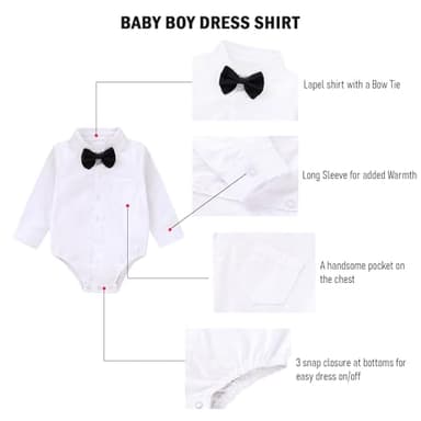 SOBOWO Baby White Collared Shirt Infant Boys Christening Formal Dress Shirt Bodysuit Long Sleeve Button Up One-Piece Romper Jumpsuit Wedding Party 0-24M(6-9 Months, White) - Image 3