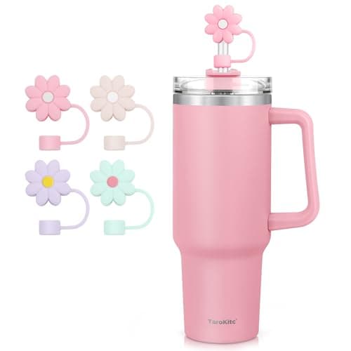 TaroKitc 40 oz Tumbler with Handle and 4 Silicone Straw Covers Cap | Stainless Steel Insulated Travel Mug Iced Coffee Cup | Keeps Drinks Cold for 34 Hours | Dishwasher Safe, BPA Free(Pink) - Image 1