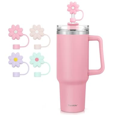 TaroKitc 40 oz Tumbler with Handle and 4 Silicone Straw Covers Cap | Stainless Steel Insulated Travel Mug Iced Coffee Cup | Keeps Drinks Cold for 34 Hours | Dishwasher Safe, BPA Free(Pink) - Image 1