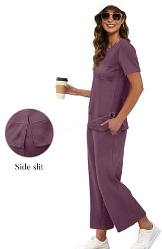 OFEEFAN Vacation Outfits for Women Casual Summer 2 Piece Lounge Set Spring Fashion Short Sleeve Tracksuit Wide Leg Loungewear Airport Clothes Holiday Clothing Women's Cruise Wear Purple XXL - Image 3