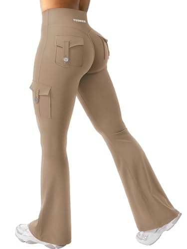 YEOREO CoreFlex Women Workout Flare Leggings with Pockets Hidden Scrunch High Waisted Cargo Gym Yoga Leggings Light Brown S - Image 1