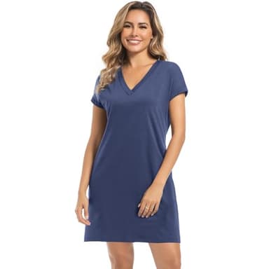 GEHENG Summer Dresses for Women2025 Beach Dresses V-Neck Oversized T-Shirt Casual Loose and Breathable Dress Pocket Dress Women Clothes Blue - Image 4