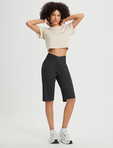 baleaf Women's Bermuda Long Shorts 14" Knee Length Capri Pants High Waisted Athletic Shorts with Pockets Summer Casual Black XS - Image 6