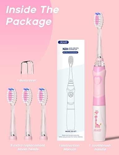 SEAGO Kids Electric Toothbrush with 2 Mins Timer and 4 Replacement Bursh Heads, Rainbow LED Light Make Brushing Fun, Pink Color Girls Battery Powerd for 4-12 Years Old，SG-977 - Image 5