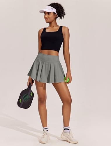 PINSPARK Women's High Waisted Tennis Skirts Pleated Golf Skorts with Shorts Pockets Tummy Control Skater Skirt Grey Sage S - Image 4