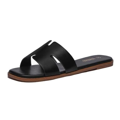 Rihero Black Flat Sandals for Women Dressy Summer Slip On Peep Toe Slide Black Sandals Size 8 - Image 1