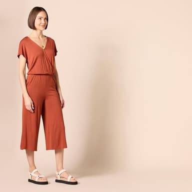 Amazon Essentials Women's Short-Sleeve Surplice Cropped Wide-Leg Jumpsuit with Elastic Waist, Clay, X-Large - Image 2