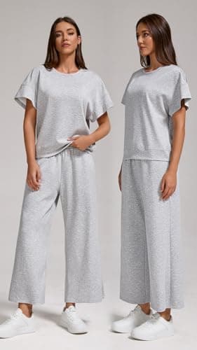 YETOWA Women’s Air Layer Fabric Two Piece Set Stylish Crop Top & Wide Leg 3/4 Pants Lounge Matching Tracksuit - Image 4