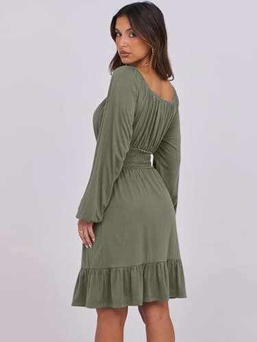 ANRABESS Womens Dress Long Lantern Sleeve Square Neck Elastic Waist Ruffle Flowy Swing A-Line Short Dresses 2025 Fall Fashion Army Green Medium - Image 5