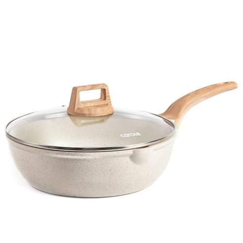 CAROTE 12Inch Nonstick Deep Frying Pan with Lid, 5.5 Qt Jumbo Cooker Saute Pan with Pour Spout, Skillet Induction Cookware, Non Stick Cooking Pan Kitchen Pan PFOA Free, White Granite - Image 1