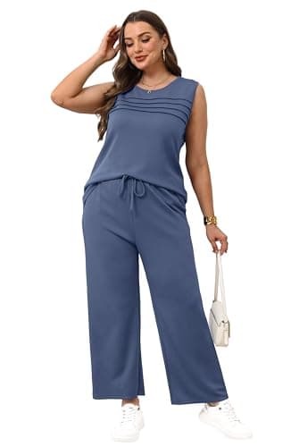 WIHOLL Summer Outfits for Women Two Piece Set Casual Wide Leg Pants Vacation Lounge Sets Travel Airport Outfits Trending Matching Sets Women Clothes Blue XL - Image 4