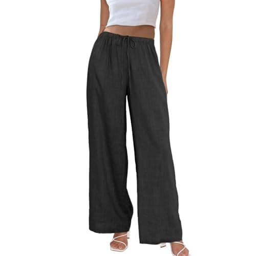 Duyang Womens Cotton Linen Palazzo Pants Drawstring Elastic Waist Casual Wide Leg Trousers with Pockets(Black,L) - Image 1