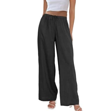 Duyang Womens Cotton Linen Palazzo Pants Drawstring Elastic Waist Casual Wide Leg Trousers with Pockets(Black,L) - Image 1