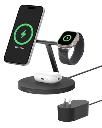 Belkin MagSafe-Compatible Charger, 3-in-1 Wireless Charging Station, Qi2-Certified 15W Wireless Charge for Apple iPhone 16 Series, Apple Watch, AirPods w/Non-Slip Base, 40W Included - Black - Image 1