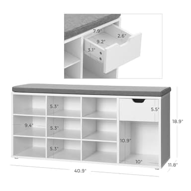VASAGLE Storage Bench, Entryway Bench with Cushion, Drawer and Open Compartments, Bench with Storage, for Living Room, Bedroom, Closet, White and Gray ULHS24WT - Image 3