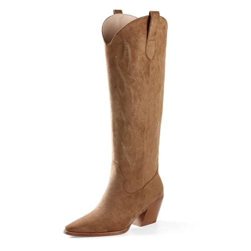 iiimmu Cowgirl Boots Knee High Pointed Toe and Block Heel Suede Cowboy Boots for Women with Embroidered, Light Brown Size 9 - Image 1