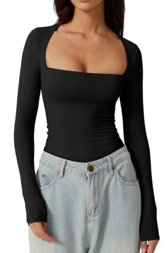QINSEN Women's Square Neck T Shirt Slim Fit Long Sleeve Going Out Tops Stretchy Basic Tees Black S - Image 1