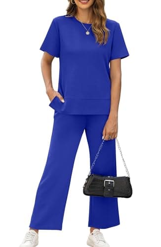 XIEERDUO Womens Sweatsuit Two Piece Summer Outfits 2 Pc Lounge Set Spring Travel Short Sleeve Tracksuit Wide Leg Loungewear Women's Track Suit Vacation Clothes Blue M - Image 1