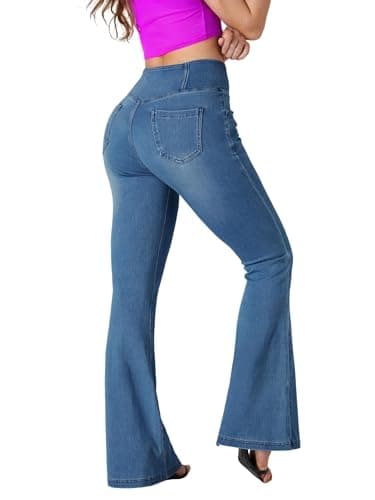 BlueRose Flare Jean Leggings for Women,Bell Bottom Jeans for Women Knit Crossover High Waisted Bootcut Jean Blue - Image 2