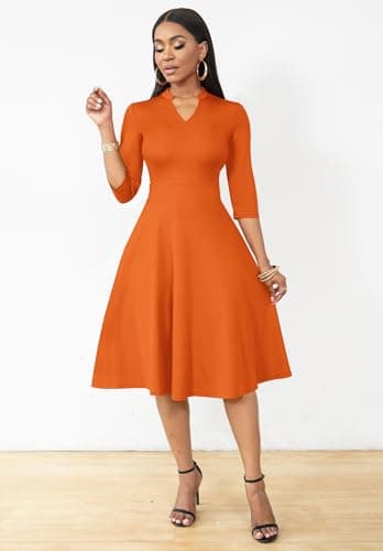 Nmoder Casual Dresses for Women Semi Formal Fit and Flare 3/4 Sleeve A-line Church Work Dress with Pockets Orange L - Image 3