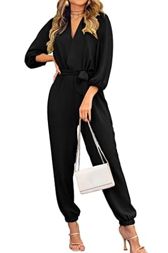 PRETTYGARDEN Women's Spring Fall Jumpsuits Casual Dressy One Piece Outfits V Neck Long Sleeve Belt Pockets Long Pants Romper (Black,Large) - Image 1