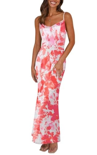 PRETTYGARDEN Floral Summer Wedding Guest Dresses for Women Adjustable Straps Sexy Dress Sleeveless Mesh Bodycon Maxi Dress (Light Orange,Medium) - Image 1