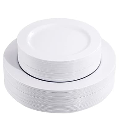 FLOWERCAT 60PCS White Plastic Plates - Heavy Duty White Disposable Plates for Birthday Party/Wedding -serve for 30 guests Include 30PCS 10.25" Dinner Plates & 30PCS 7.5" Dessert Plates for Party - Image 1