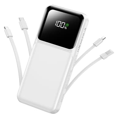Portable Charger with Built in Cable - Power Bank Fast Charging USB C LED Display 10000mah Battery Pack 5 Outputs & 3 Inputs for Travel Essentials iPhone Samsung Android Phones Tablets White - Image 1