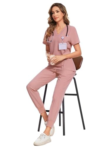 COZYFIT Women's Scrubs Set - Stretch V-Neck Top & Jogger Pant with 8 Pockets, Yoga Waistband, Anti Wrinkle, Slim Fit - Pink, S - Image 6