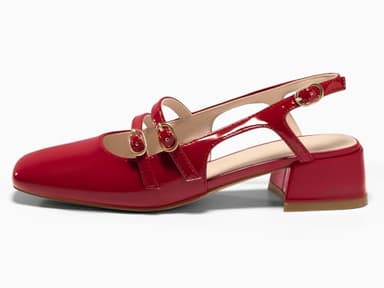 Coutgo Womens Mary Jane Chunky Low Heels Slingback Pumps Closed Square Toe Wedding Dress Shoes, Red, Size 7.5 - Image 6