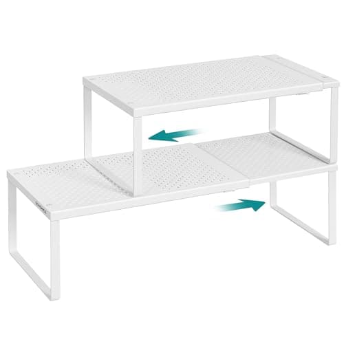 SONGMICS Spice Racks, Set of 2 Expandable Kitchen Countertop Shelves, Small Cupboard Organizers, Metal, Space-Saving Tabletop Shelves, Matte White UKCS402W01 - Image 1