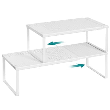 SONGMICS Spice Racks, Set of 2 Expandable Kitchen Countertop Shelves, Small Cupboard Organizers, Metal, Space-Saving Tabletop Shelves, Matte White UKCS402W01 - Image 1