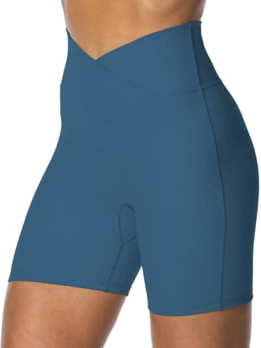 Sunzel Sunzfly Crossover Biker Shorts for Women, V Criss Cross High Waist Yoga Workout Gym Shorts with Tummy Control 6" Inseam Blue Gray Large - Image 3