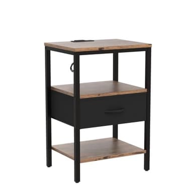 SUPERJARE Nightstand Set of 2, Bed Side Tables with Charging Station, Adjustable Fabric Drawer, Night Stand for Bedroom, 3-Tier Storage End Tables, for Living Room, Rustic Brown and Black - Image 5