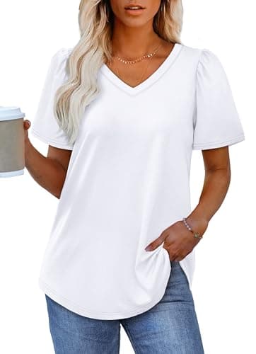 OFEEFAN Womens T Shirts Summer V Neck Short Sleeve Plain Tops Dressy Casual White XL - Image 2