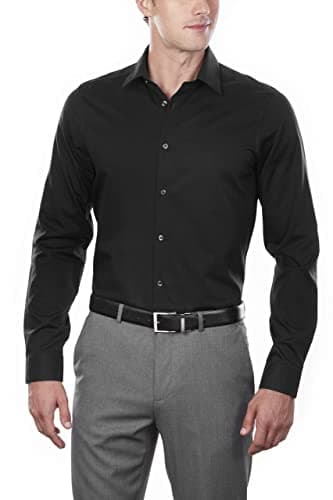 Calvin Klein Men's Slim Fit Non-Iron Herringbone Point Collar Dress Shirt, Black, 17.5" Neck 34"-35" Sleeve - Image 1