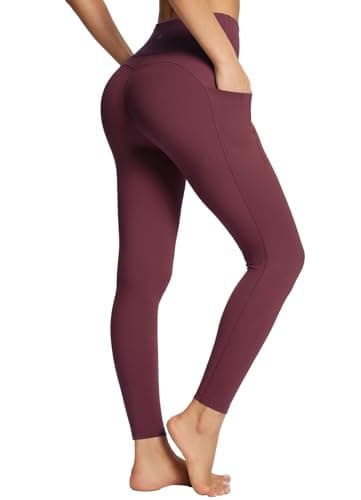 baleaf Workout Leggings for Women Tummy Control with Pockets High Waisted Athletic 7/8 Ultra Soft Gym Yoga Petite Ankle Pants Wine M - Image 1