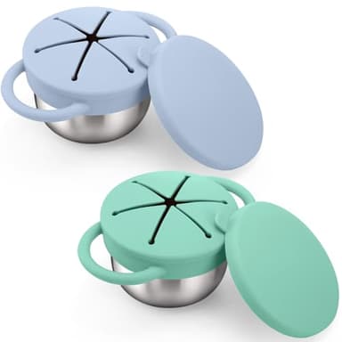 BUSOHA 2 Pack Stainless Steel Toddler Snack Cups - 9 OZ Spill-Proof Baby Snack Containers with Silicone Catcher and Lid Travel Snack Containers for Kids Food Grade Silicone Dishwasher Safe - Image 1