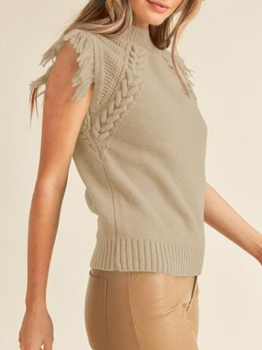 Saodimallsu Womens Sleeveless Sweater Vest Mock Neck Cable Knit Fringe Cap Sleeve Boho Trendy Pullover Tank Tops Khaki - Image 3