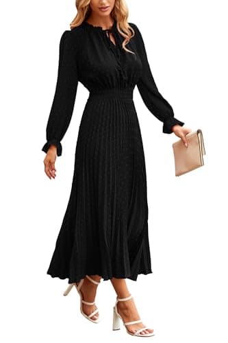 PRETTYGARDEN Women's 2025 Spring Fall Midi Dress Casual Long Sleeve V Neck Swiss Dot Pleated A Line Flowy Dresses (Black,Medium) - Image 1